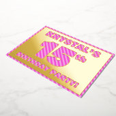 15th Birthday Party — はっきりした、おもしろい、ピンクストライプ色15 箔招待状 (回転した状態)