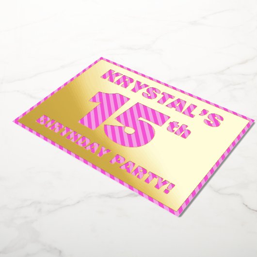 15th Birthday Party — はっきりした、おもしろい、ピンクストライプ色15 箔招待状 (回転した状態)