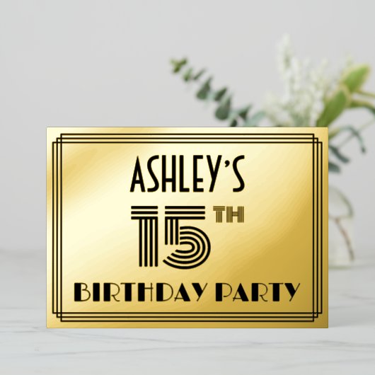 15th Birthday Party —アールデコスタイル「15」 & Name 箔招待状 (立ち正面)