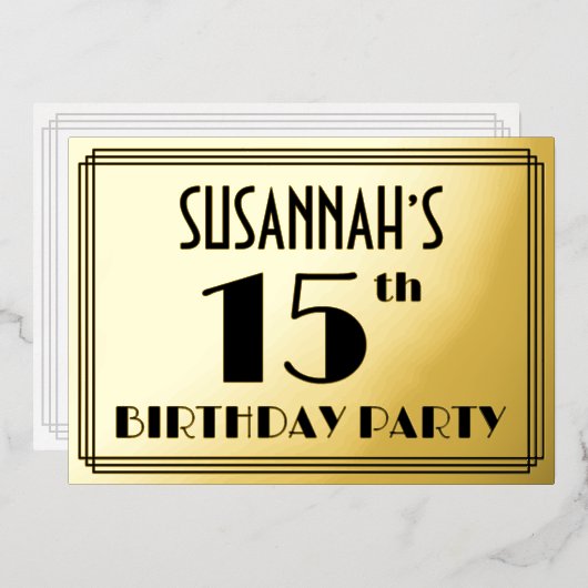 15th Birthday Party —アールデコ検索「15」 +名前 箔招待状 (正面/裏面)