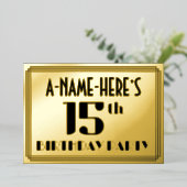 15th Birthday Party:アールデコ「15」と名前 箔招待状 (立ち正面)