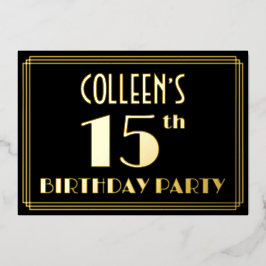 15th Birthday Party:アールデコ「15」、名前つき 箔招待状