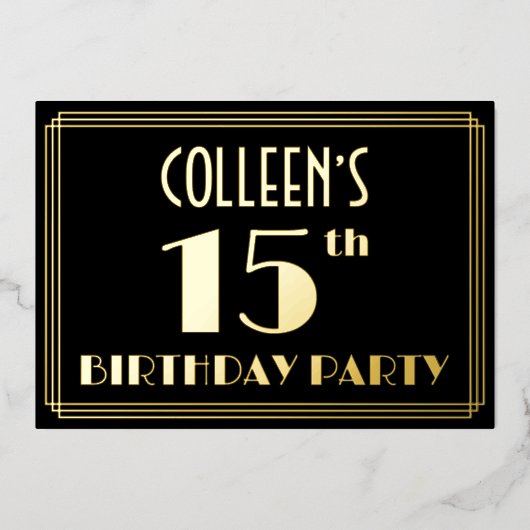 15th Birthday Party:アールデコ「15」、名前つき 箔招待状 (正面)