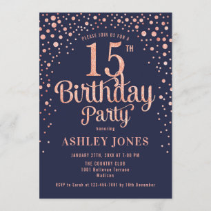 15th Birthday Party – ネイビー&バラ金ゴールド 招待状