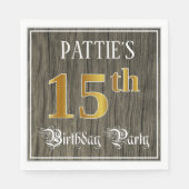 15th Birthday Party — フェイク金ゴールド&ウッドフェイク・ルックス スタンダードランチョンナプキン (正面)