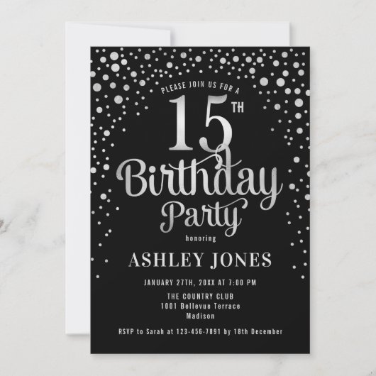 15th Birthday Party – ブラック&シルバー 招待状 (正面)
