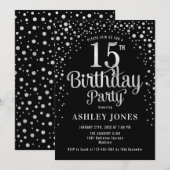 15th Birthday Party – ブラック&シルバー 招待状 (正面/裏面)