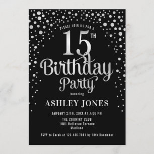 15th Birthday Party – ブラック&シルバー 招待状