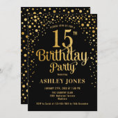 15th Birthday Party – ブラック&金ゴールド 招待状 (正面/裏面)