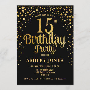 15th Birthday Party – ブラック&金ゴールド 招待状