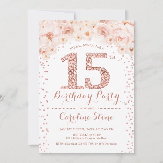 15th Birthday Party – ホワイトローズ金ゴールド 招待状 (正面)