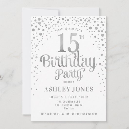 15th Birthday Party – ホワイト&シルバー 招待状 (正面)