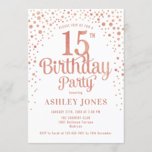 15th Birthday Party – ホワイト&バラ金ゴールド 招待状