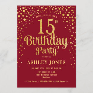 15th Birthday Party – レッド&金ゴールド 招待状