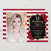 15th Birthday Party With Photo – ブラック・レッド・金ゴールド 招待状 (正面/裏面)
