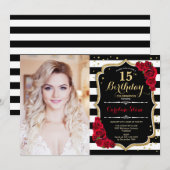 15th Birthday Party With Photo – 赤い金ゴールドブラック 招待状 (正面/裏面)