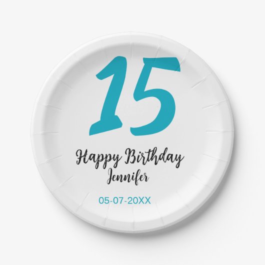 15th birthday quiencenera追加date year blue templ ペーパープレート (正面)