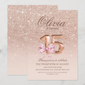 15th Birthday Rose Pink Gold Bow Birthday Party 招待状 (正面/裏面)