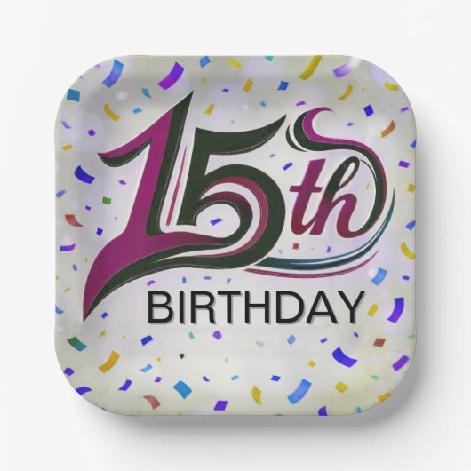 15th Birthday Text With Party Confetti ペーパープレート (正面)