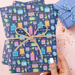 16お誕生日ケーキプレゼントバルーン青 ラッピングペーパーシート