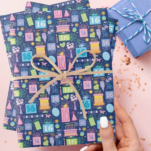16お誕生日ケーキプレゼントバルーン青 ラッピングペーパーシート