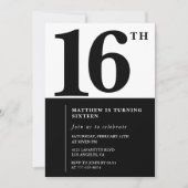 16エレガント歳の誕生日の招待状ブラックシックモダン 招待状 (正面)
