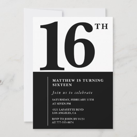 16エレガント歳の誕生日の招待状ブラックシックモダン 招待状 (正面)