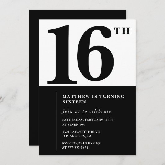 16エレガント歳の誕生日の招待状ブラックシックモダン 招待状 (正面/裏面)