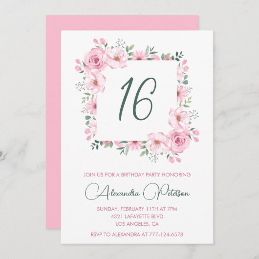 16エレガント歳の誕生日招待状フローラピンク 招待状 (正面/裏面)