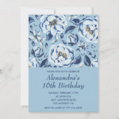 16エレガント歳の誕生日招待状フローラ青 招待状 (正面)