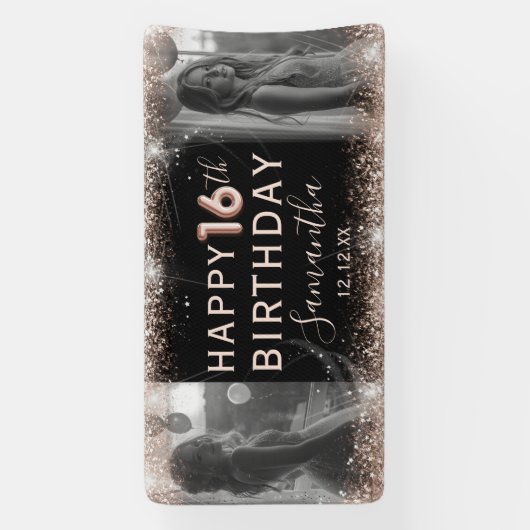 16エレガント番目のバラ金ゴールドグリッターとフォト誕生日 横断幕 (縦)