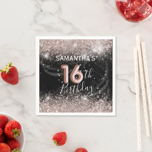 16エレガント誕生日ピンクグリッター&ブラックパーティー スタンダードカクテルナプキン (インサイチュ)