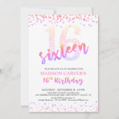 16ガーリー誕生日ピンクパープルグリッター紙吹雪 招待状 (正面)