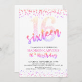 16ガーリー誕生日ピンクパープルグリッター紙吹雪 招待状 (正面/裏面)