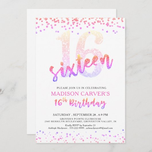 16ガーリー誕生日ピンクパープルグリッター紙吹雪 招待状 (正面/裏面)