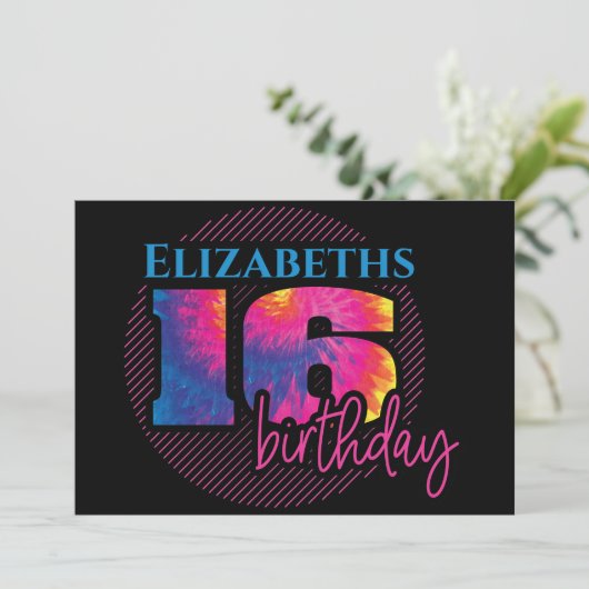 16タイダイ染料タイポグラフィ誕生日 招待状 (スタンド正面)