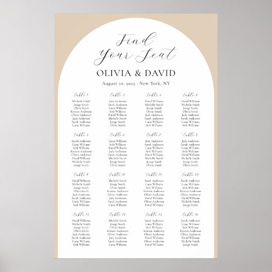 16テーブルベージュアーチあなたの座席表を見つける ポスター (正面)