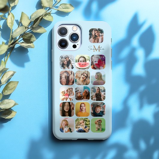 16フォトコラージパステルブルー&モノグラム iPhoneケース