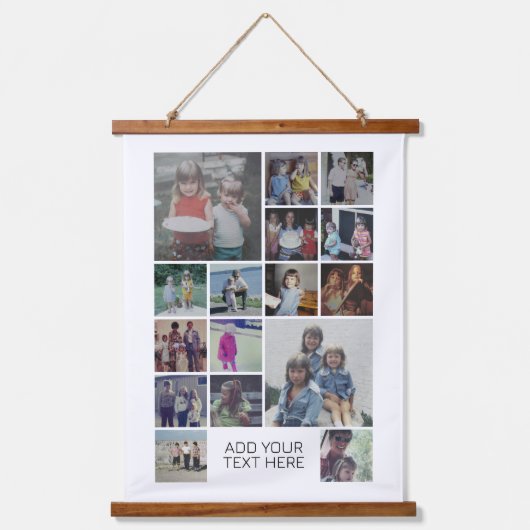 16フォトコラージモンタージュと文字 – ホワイト編集可能 吊り下げ型タペストリー (正面)