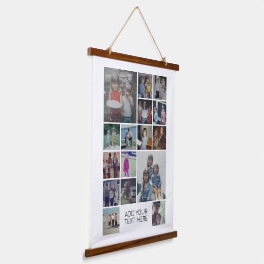 16フォトコラージモンタージュと文字 – ホワイト編集可能 吊り下げ型タペストリー (傾斜あり)