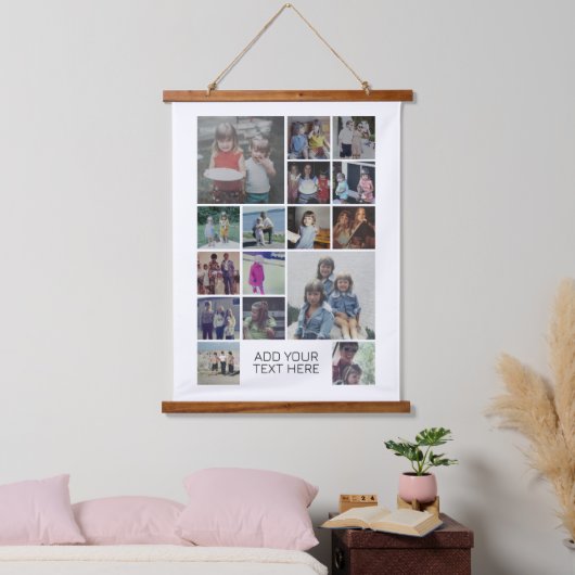 16フォトコラージモンタージュと文字 – ホワイト編集可能 吊り下げ型タペストリー (寝室)