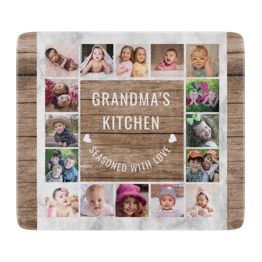 16フォトコラージュおばあちゃんのキッチンウッドと大理石 カッティングボード (正面)