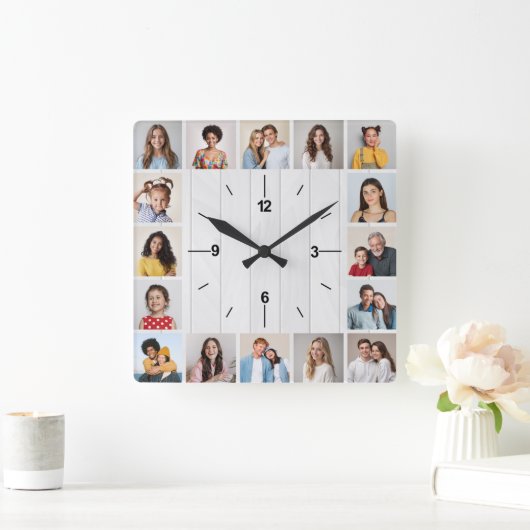 16フォトコラージュ白素朴木フフェイクェンス スクエア壁時計 (ホーム)