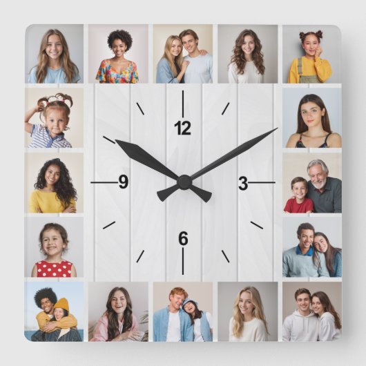 16フォトコラージュ白素朴木フフェイクェンス スクエア壁時計 (正面)
