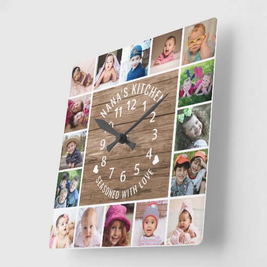 16フォトコラージュ素朴フレームウッドナズキッチン スクエア壁時計 (傾斜)