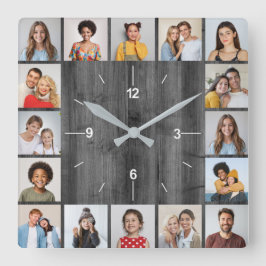 16フォトコラージライトグレーフェイクウッドフェンス スクエア壁時計