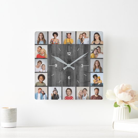 16フォトコラージライトグレーフェイクウッドフェンス スクエア壁時計 (ホーム)