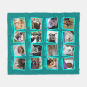 16フォトスクラップブックティール(緑がかった色)ブルーモダン写真 フリースブランケット (正面(横))