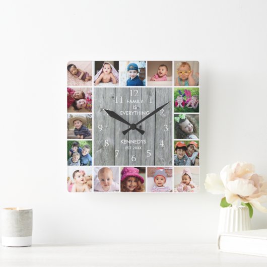 16フォトパーソナライズされたコラージグレ素朴ーウッド スクエア壁時計 (ホーム)