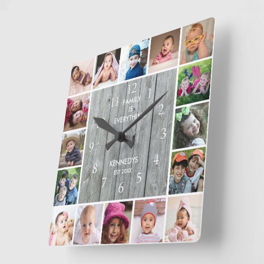 16フォトパーソナライズされたコラージグレ素朴ーウッド スクエア壁時計 (傾斜)